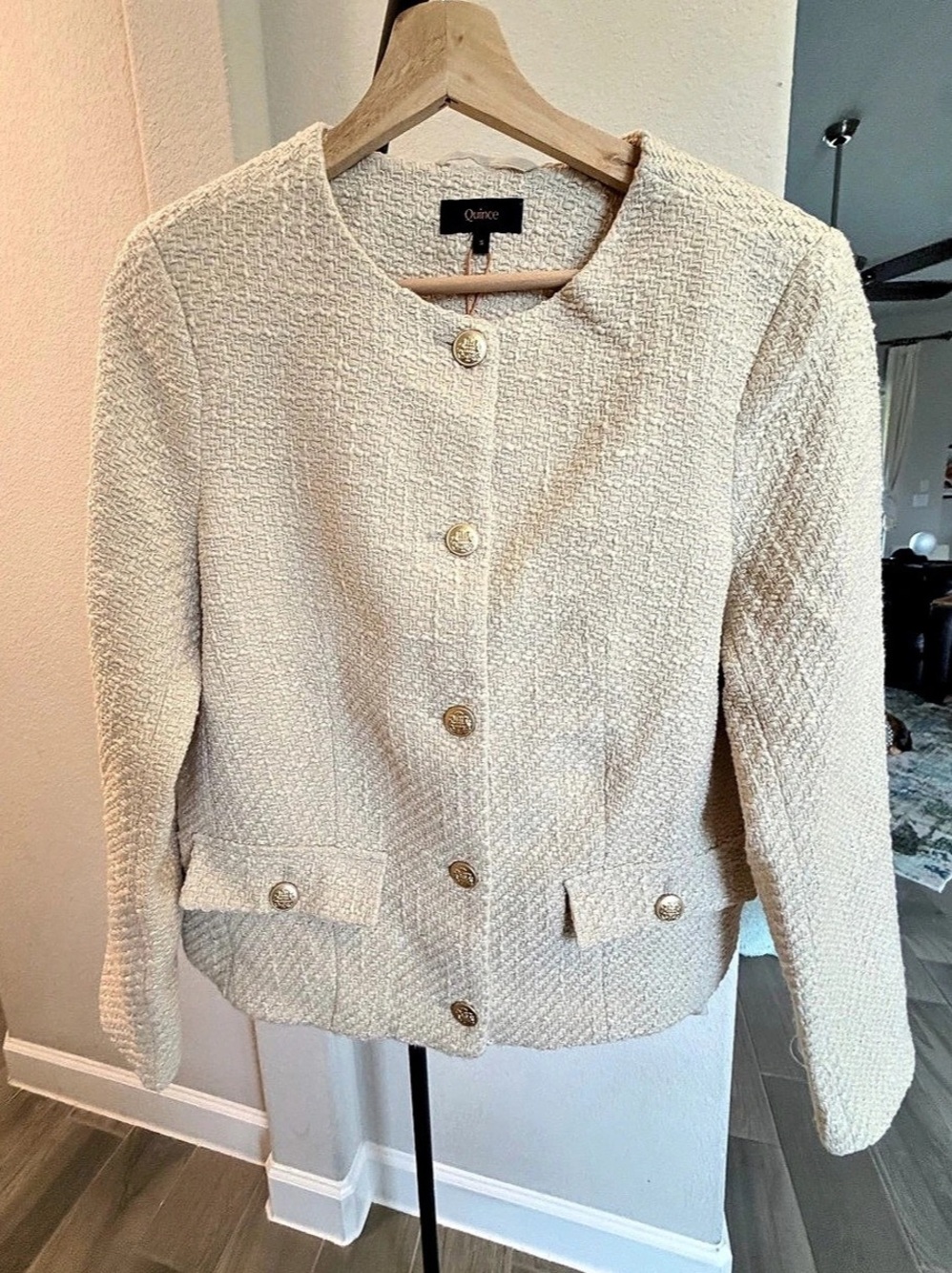 Quince Tweed Collarless Jacket in Cream Ivory Coast Small
